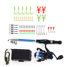Load image into Gallery viewer, FISHING COMBO ROD REEL FULL KIT 1.3M TELESCOPIC FISHING ROD SPINNING REEL SET WITH HOOKS SOFT LURES BARREL SWIVELS STORAGE BAG